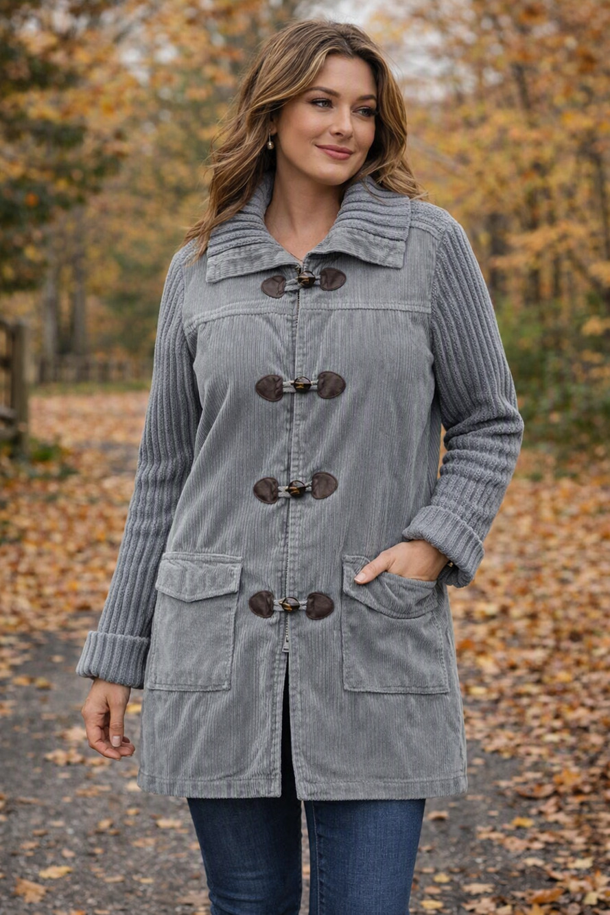 Denim & Co Gray Corduroy Knit Sleeve Toggle Jacket Women’s Small Lined Coat